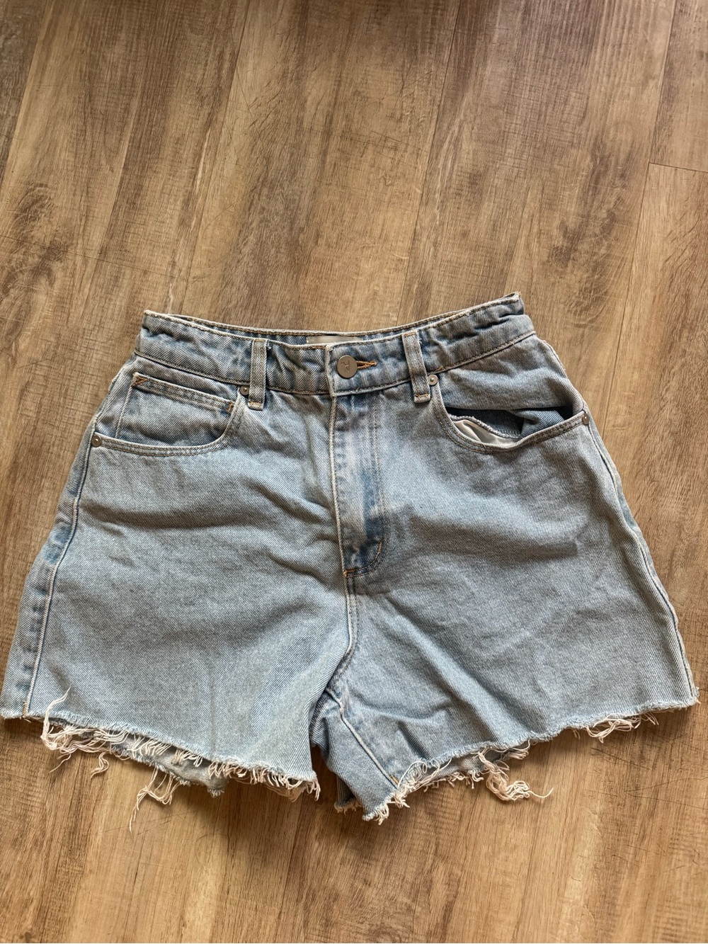Abrand Light Blue Frayed Hem High-Rise Denim Shorts